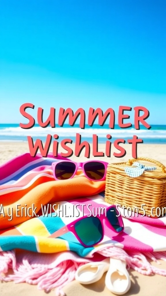 A summer wishlist with beach towels, sunglasses, and picnic items on a sunny beach.